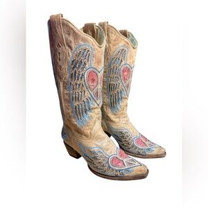 CORRAL HEART ANGEL WING COWGIRL BOOTS - SNIP TOE Size 7 Tan Blue Red